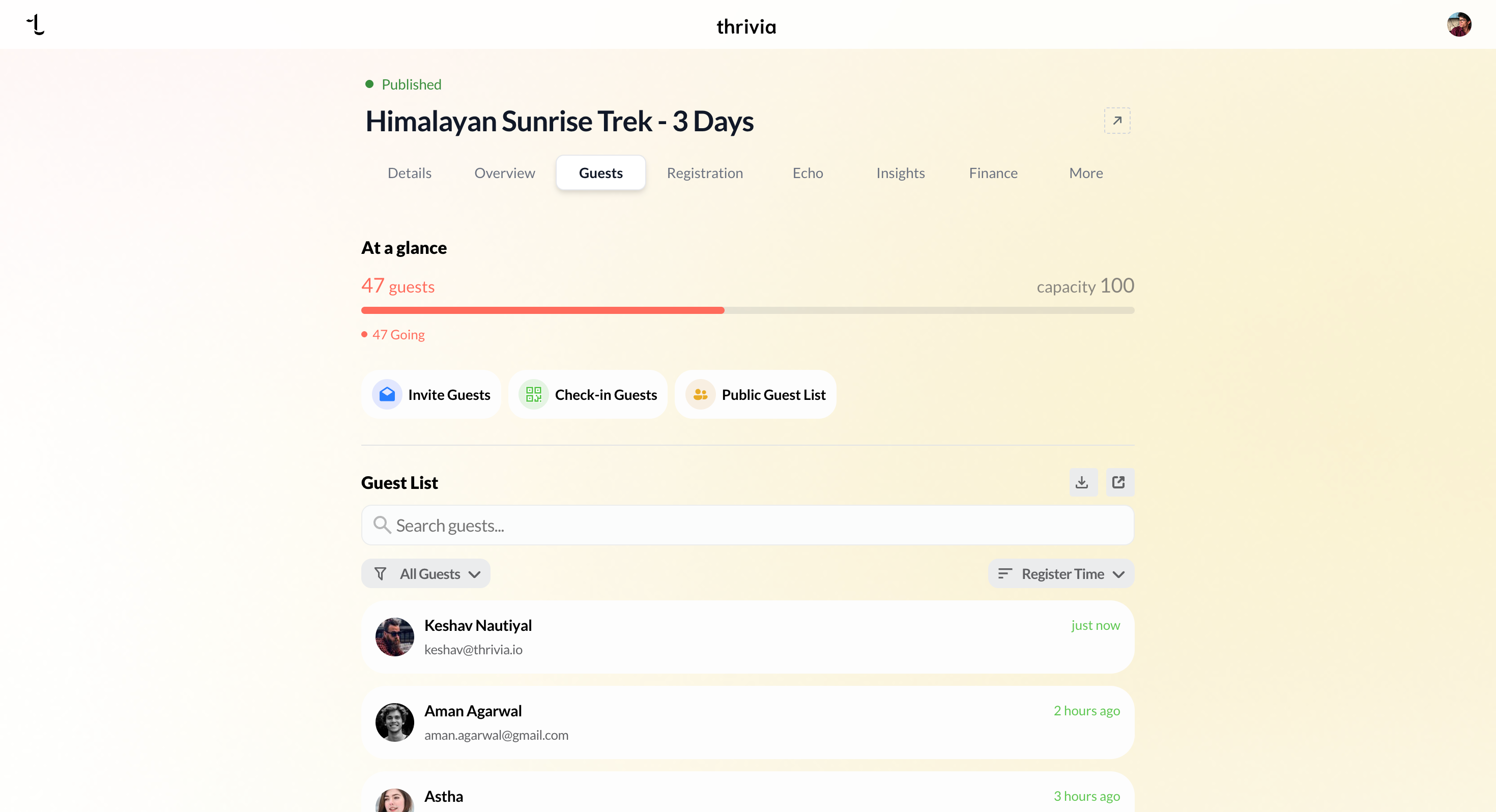 Thrivia event management dashboard